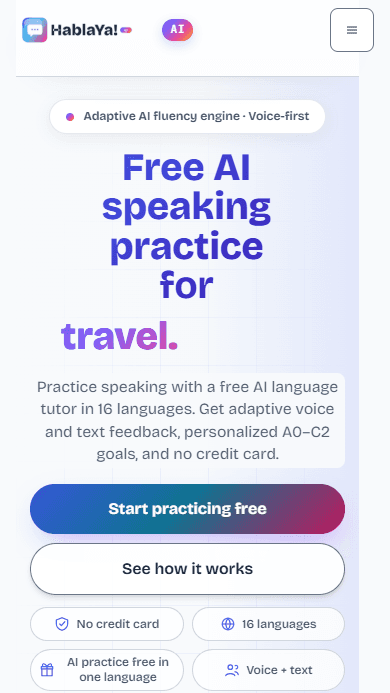 Experiencia pública de HablaYa con mensajes de práctica multilingüe, indicadores de voz y texto, y navegación para estudiantes.