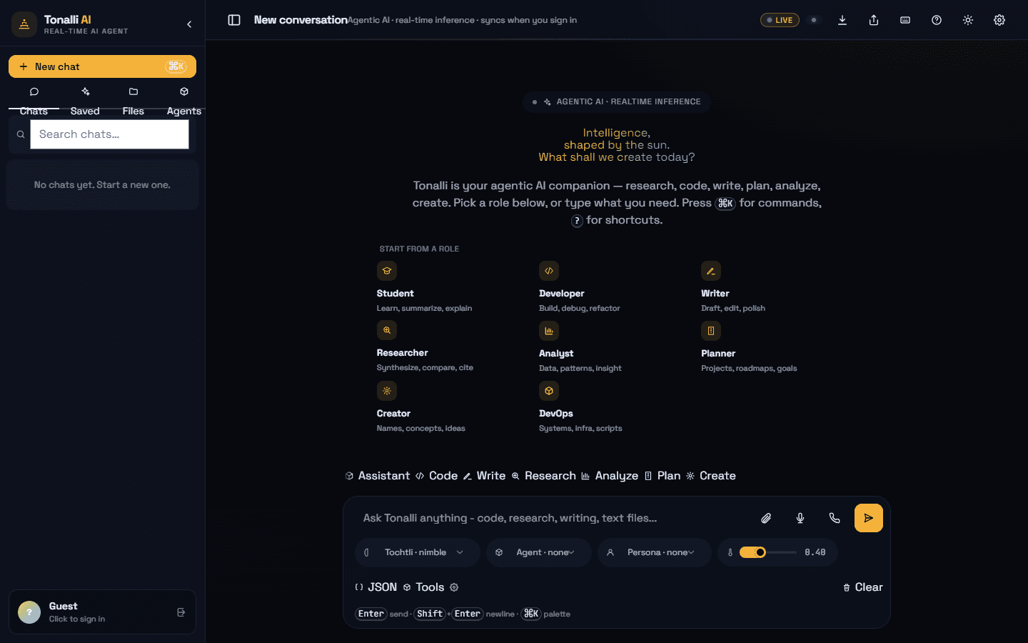 Tonalli AI public workspace with model controls, a conversation composer, and tools navigation.