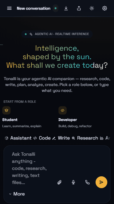 Espacio público de Tonalli AI con controles de modelo y modo, compositor de conversación y navegación de herramientas y artefactos.