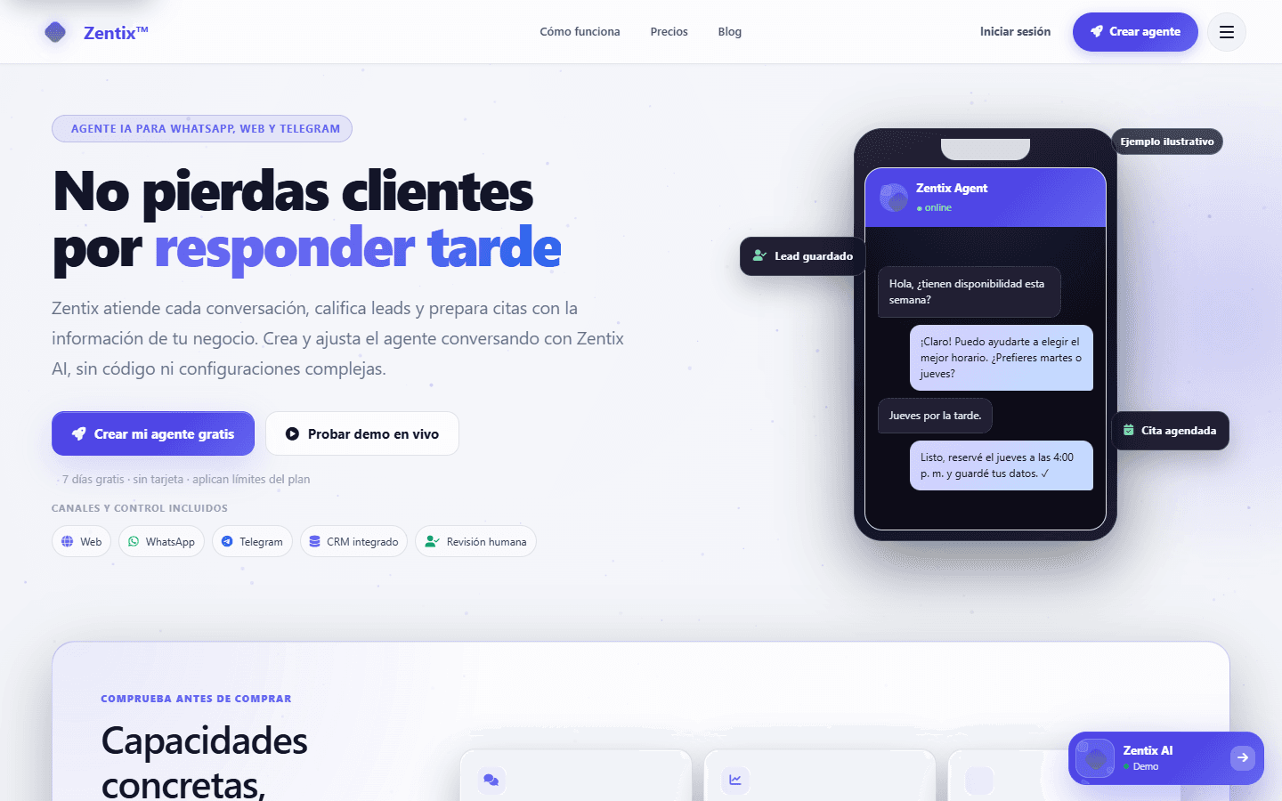 Zentix public landing page with a purple AI-agent conversation card and channel capability labels.