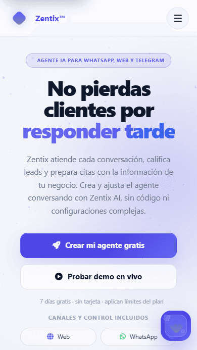 Zentix public landing page with a purple AI-agent conversation card and Web, WhatsApp, Telegram, and CRM capability labels.